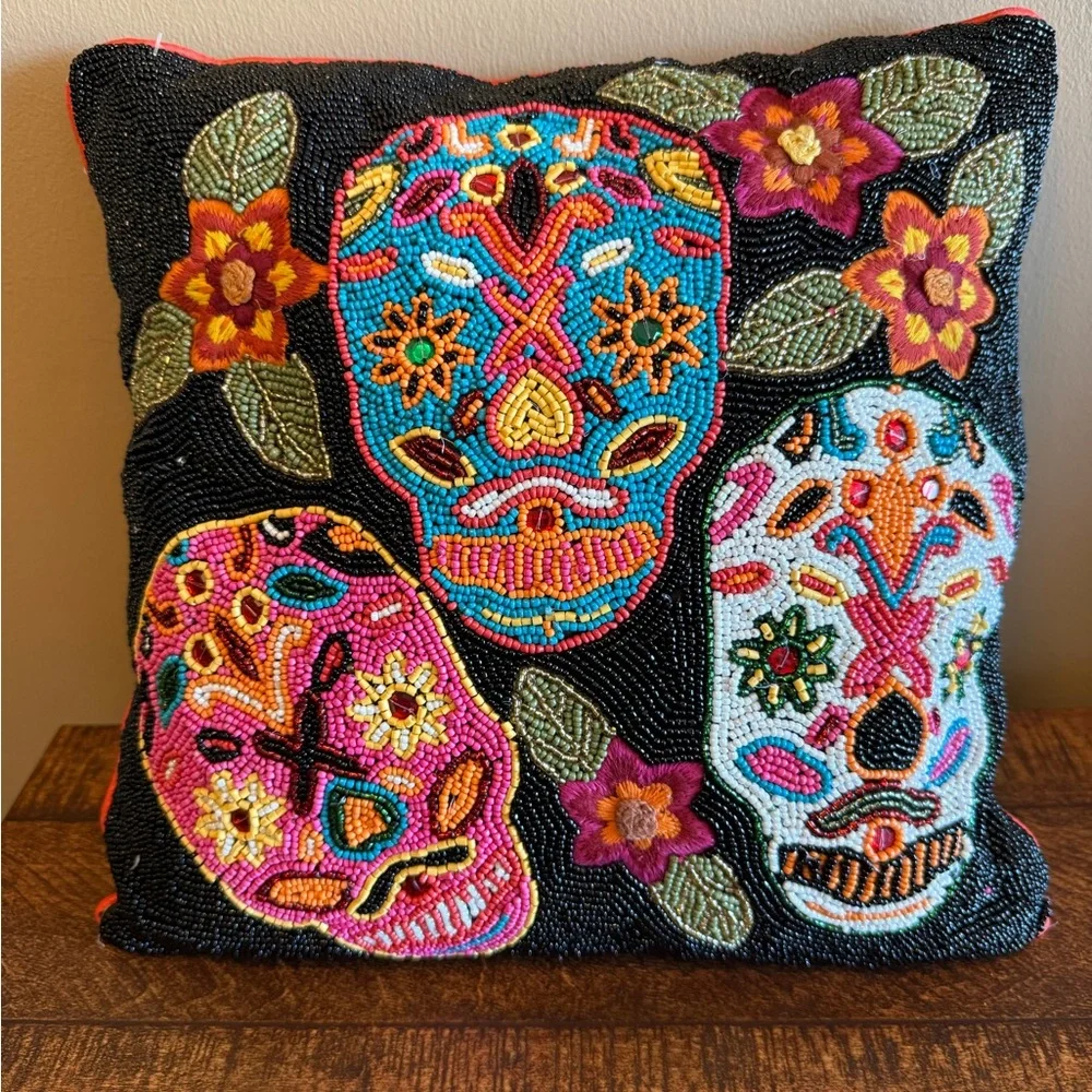 Pier One RARE Glass Beaded Day of the Dead/Halloween Pillow. Beautiful!